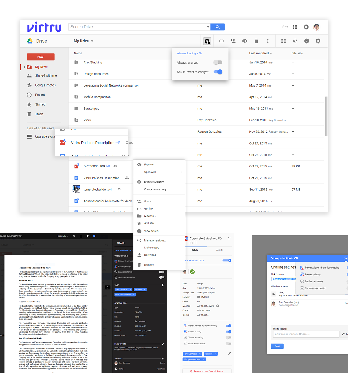 High fidelity mockups for various aspects of the Virtru Drive experience