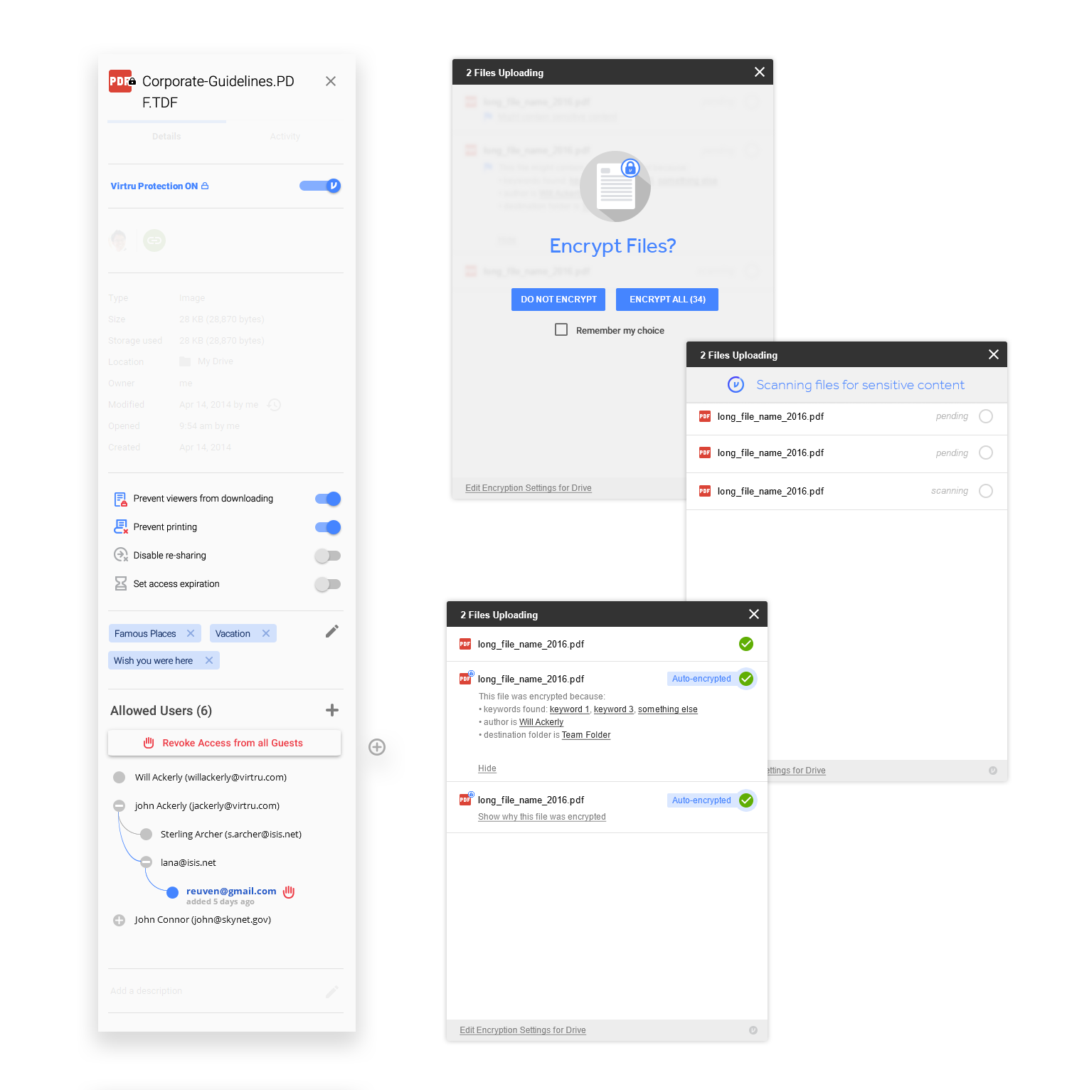 High fidelity mockups for various components of the Virtru Drive experience