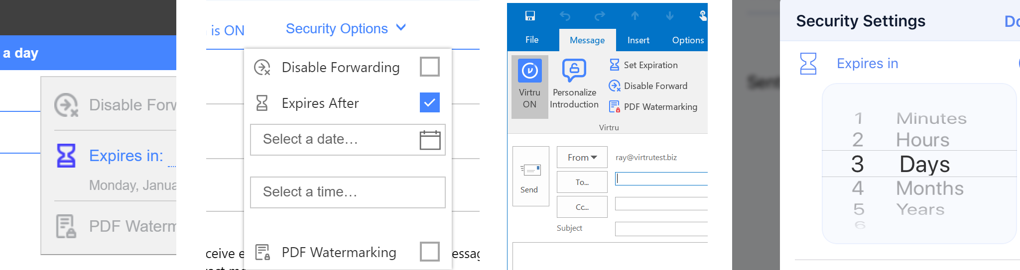 Certain elements had to be recognizeable across integrations. Here is an example of how Virtru's iconography carried across different email clients. From left to right: Gmail, Outlook Web App, Outlook 2016, iOS app.