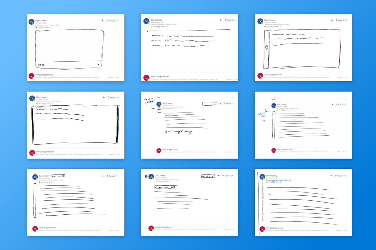 Some sketches of the secure compose experience, derived from brainstorm session with stakeholders.