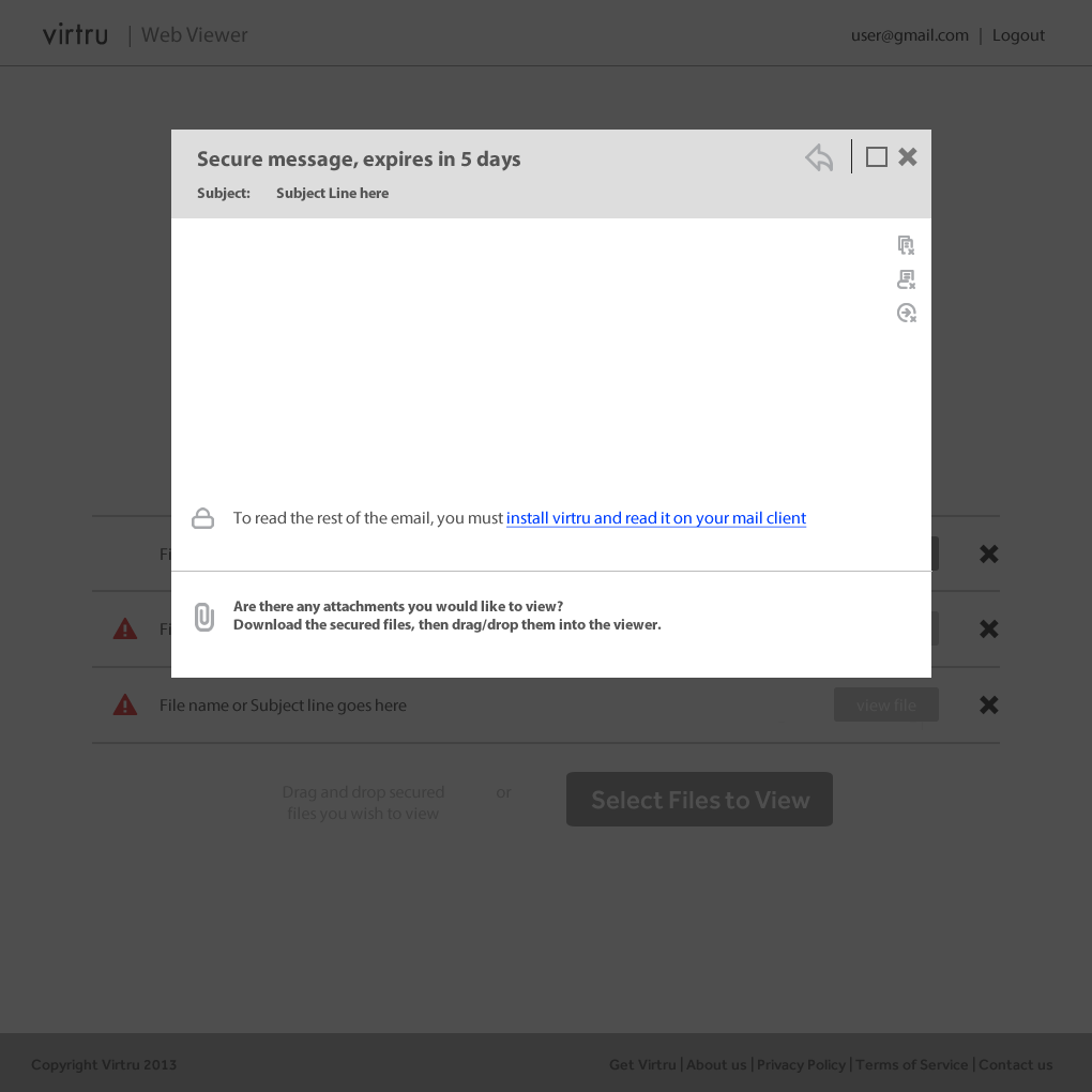 An early wireframe of what a recipient would see when viewing a secure email in the secure web portal.